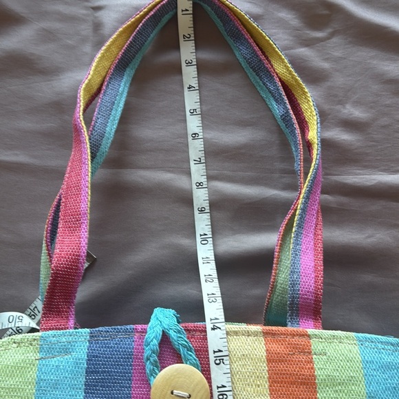 Colorful Rainbow Candy Stripe Bucket Tote Bag Woven Cotton Wood Button Accent - Picture 7 of 11